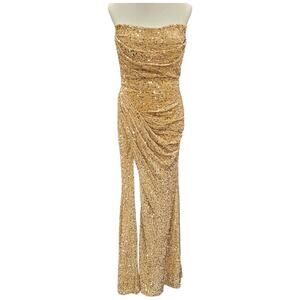 NWT Golden Brown Strapless Sequin Evening Gown with Corset Back on Velvet Fabric